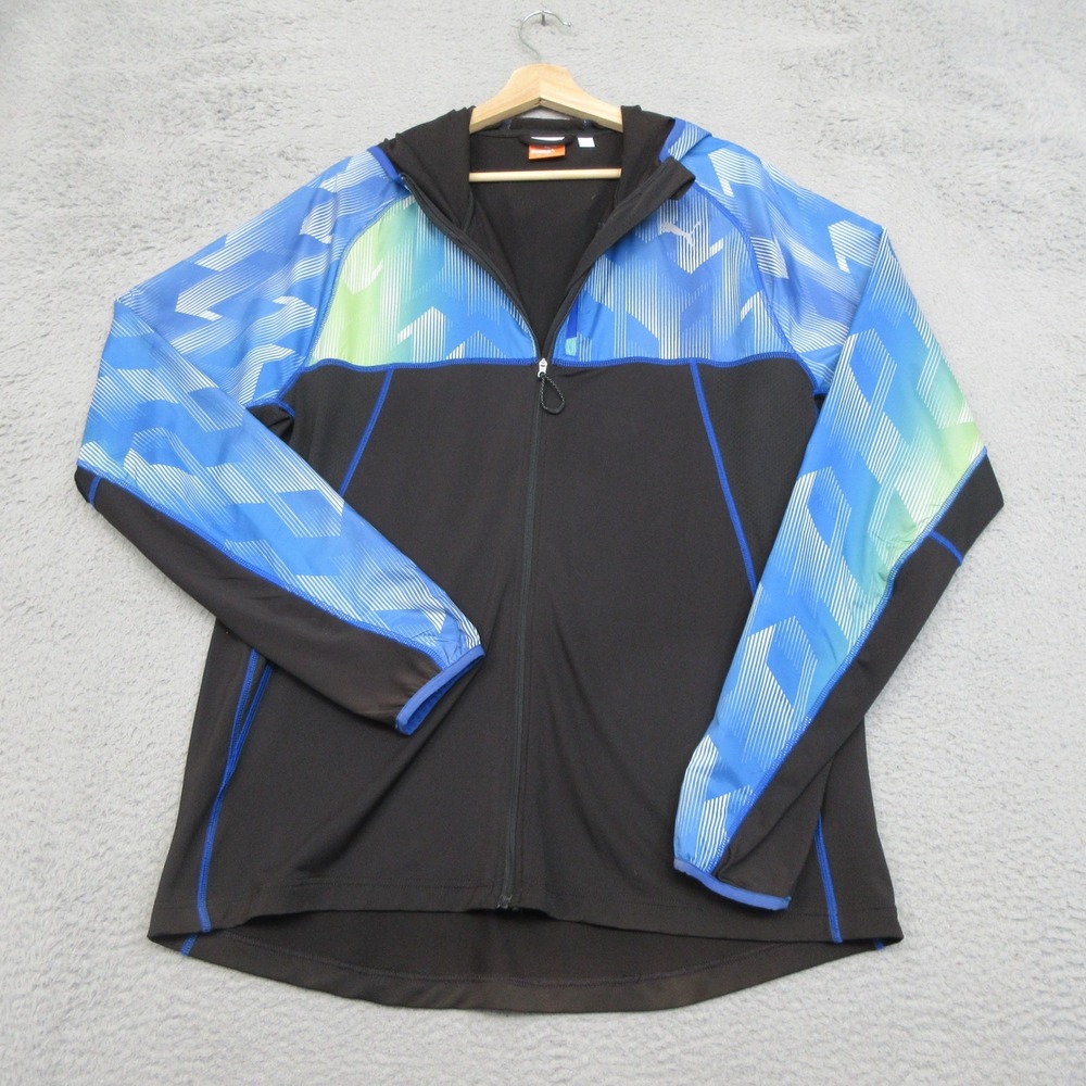 Puma Performance Jacket Mens XL Black Blue Green Hooded Running Colorblock